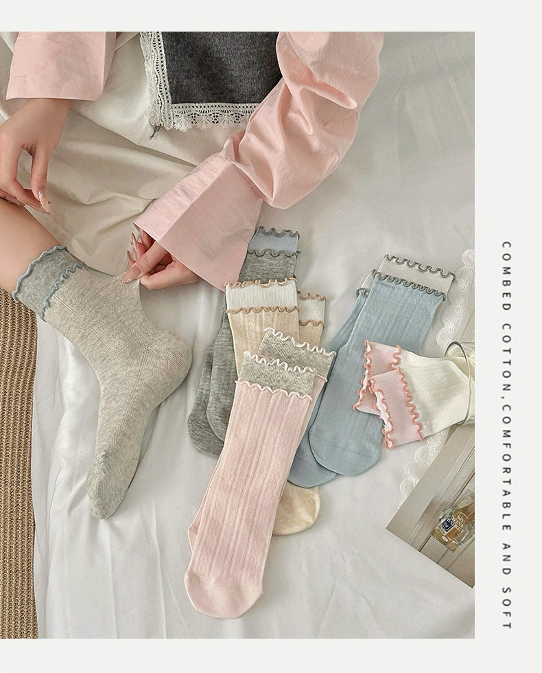 Women's Ruffled Cotton Crew Socks | Seamless Breathable Summer Socks