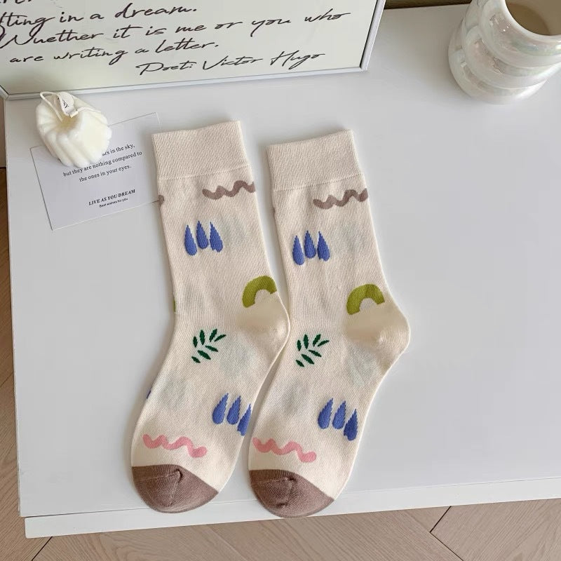 Cute Cream Novelty Crew Socks for Women | Casual Patterned Socks