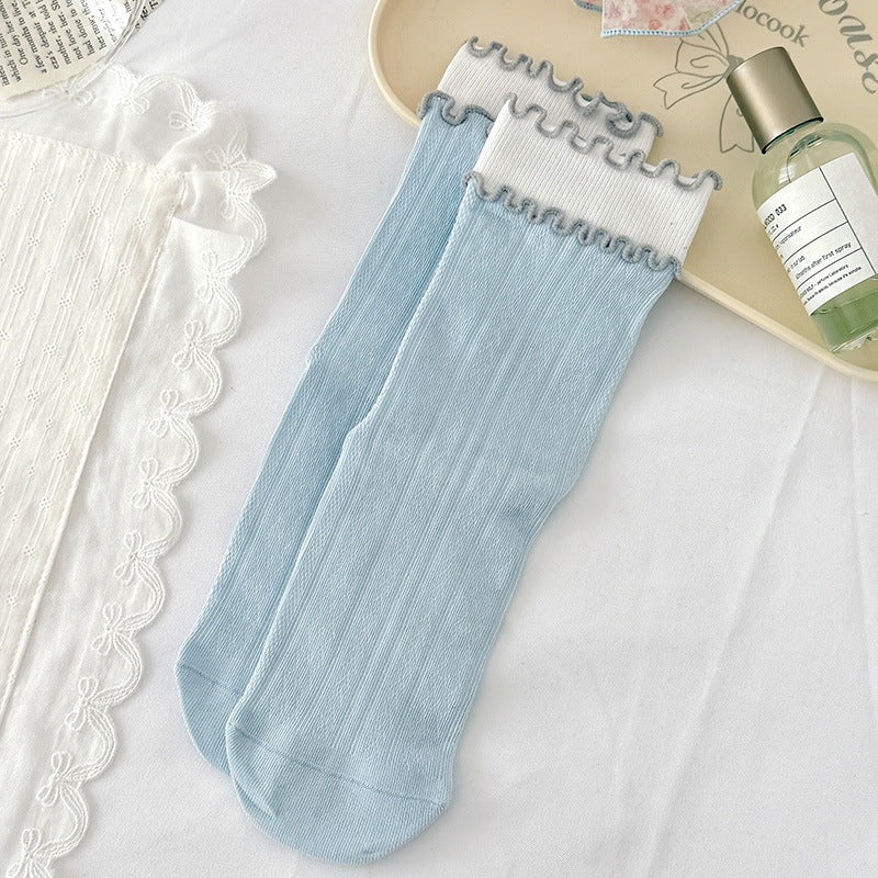 Women's Ruffled Cotton Crew Socks | Seamless Breathable Summer Socks