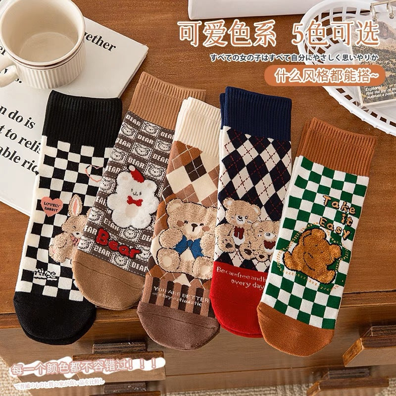 Cute Cotton Novelty Crew Socks | Checkered Bear Women's Socks