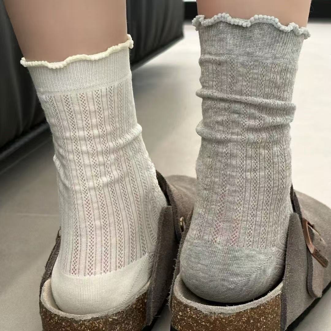 Mesh Ruffle Crew Socks for Women | Thin Breathable Summer Socks