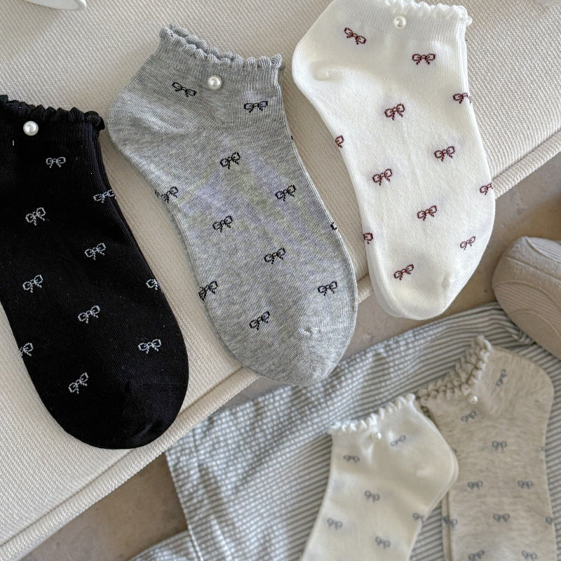 Bow Ruffle Ankle Socks for Women | Thin Summer Patterned Cotton Socks