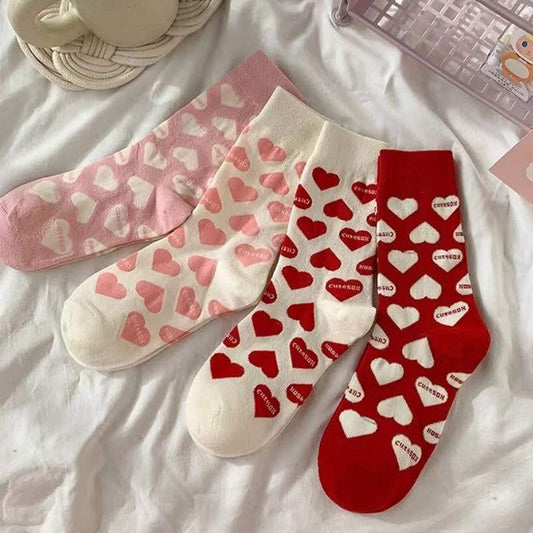 Cute Heart Print Crew Socks for Women | Soft Cotton Casual Socks