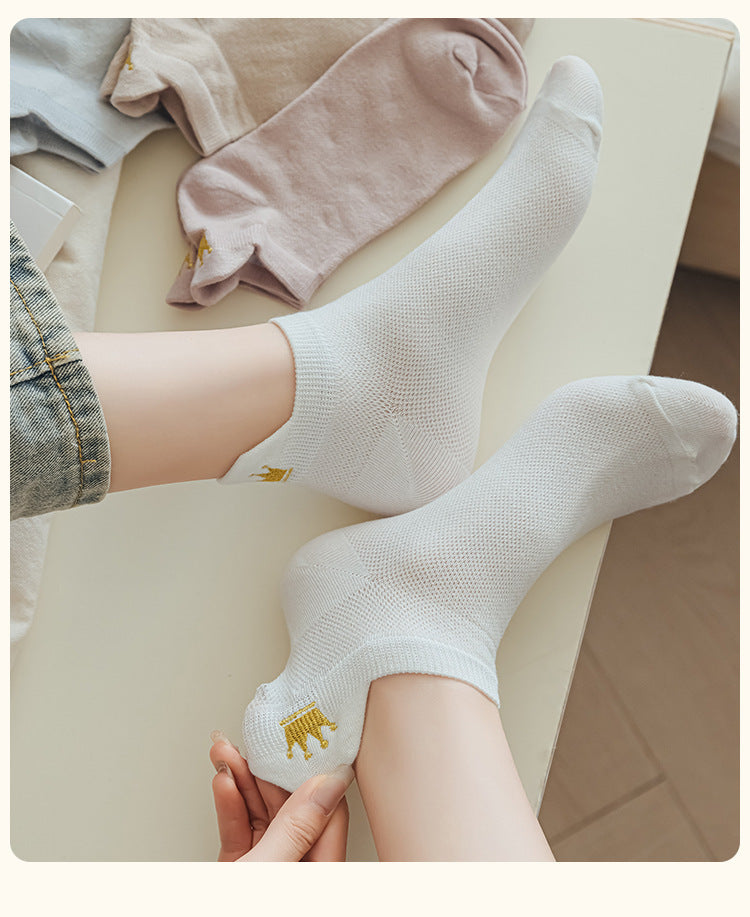 Embroidered Crown No-Show Socks | Breathable Summer Mesh Socks for Women