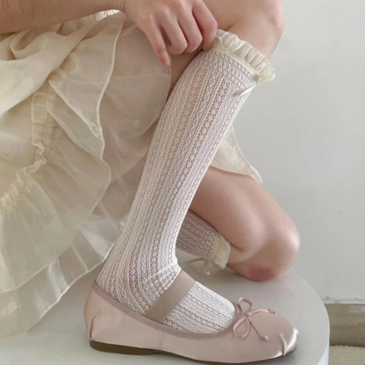 Lace Bow Ballet Crew Socks | Openwork Ruffle Socks for Women