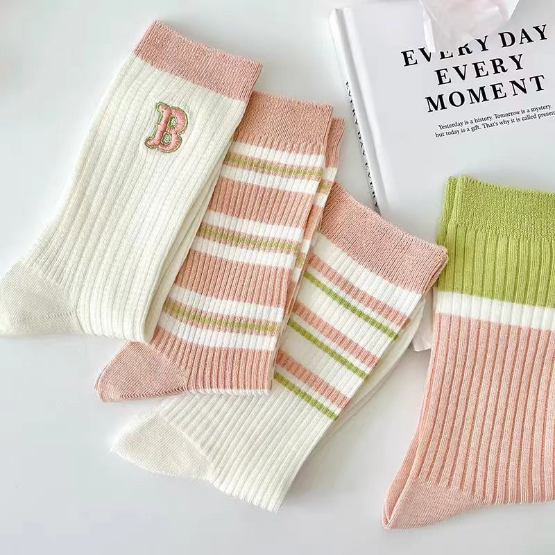 Cotton Crew Socks for Women | Preppy Pastel Embroidered Mid Calf