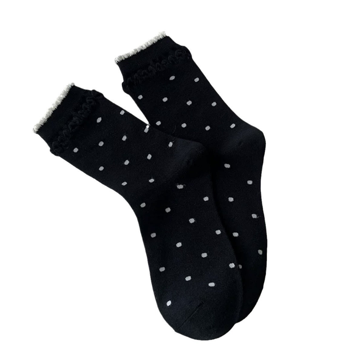 Polka Dot Cotton Crew Socks for Women | Ruffled Lace Trim