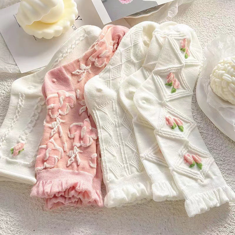Women's Ruffled Floral Crew Socks | Thin Cotton Spring Summer Socks