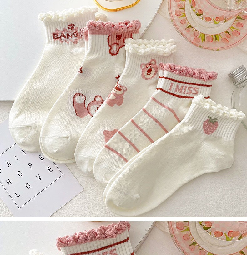 Cute Ruffled Ankle Socks for Women | Pink Strawberry Bear Cotton Socks