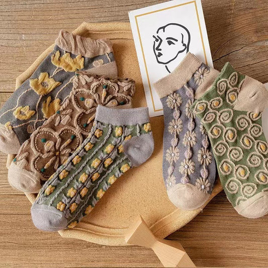 Vintage Floral Ankle Socks | Breathable Cotton Socks for Women