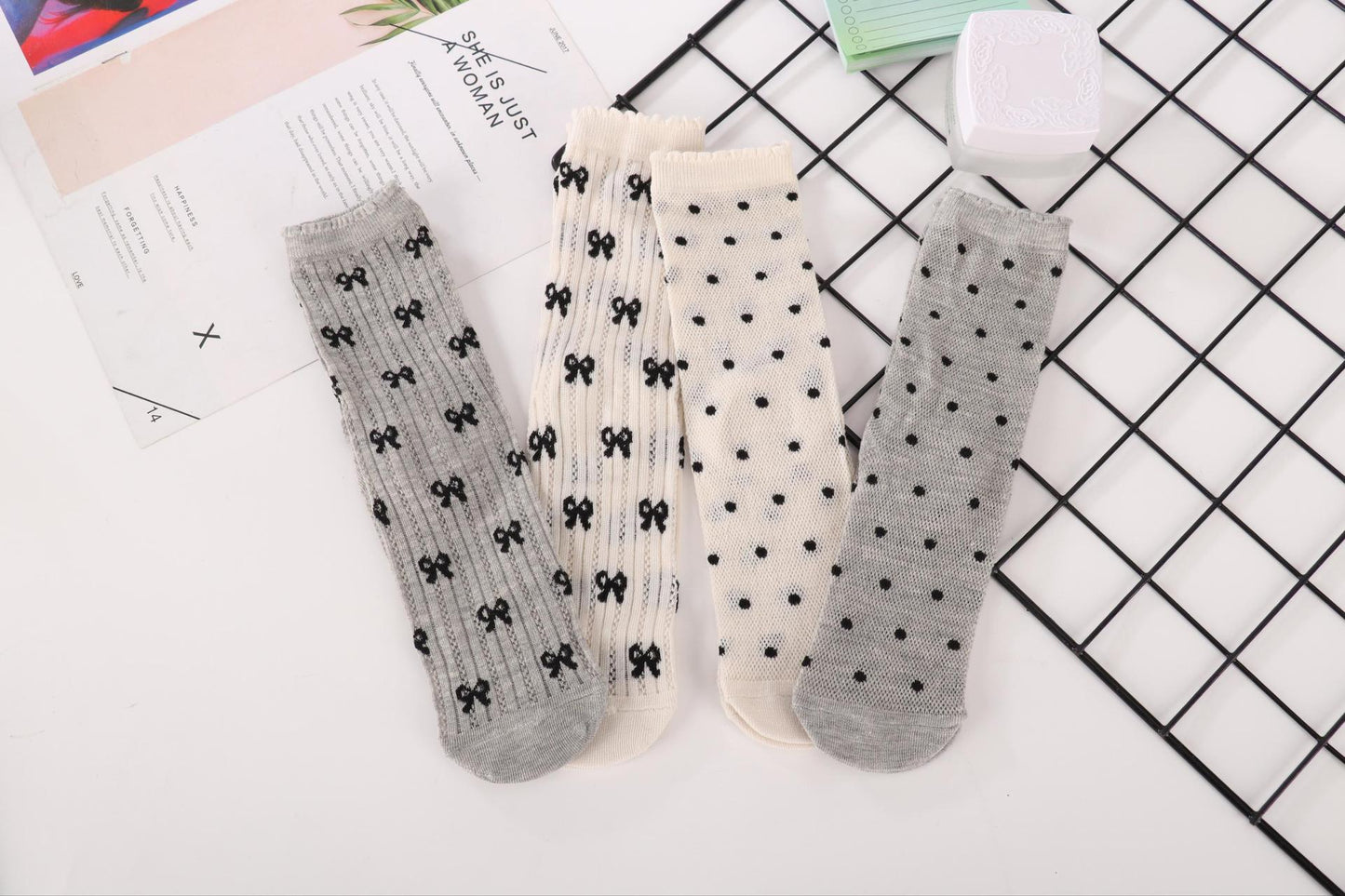 Cute Bow & Polka Dot Crew Socks | Breathable Mesh Summer Socks for Women