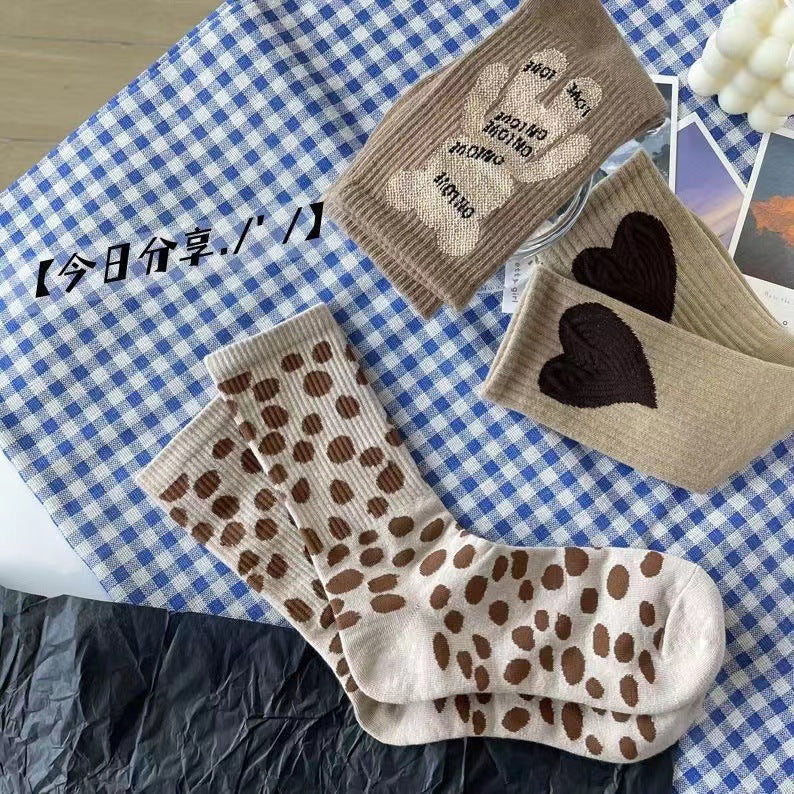 Cute Brown Patterned Crew Socks for Women | Soft Cotton