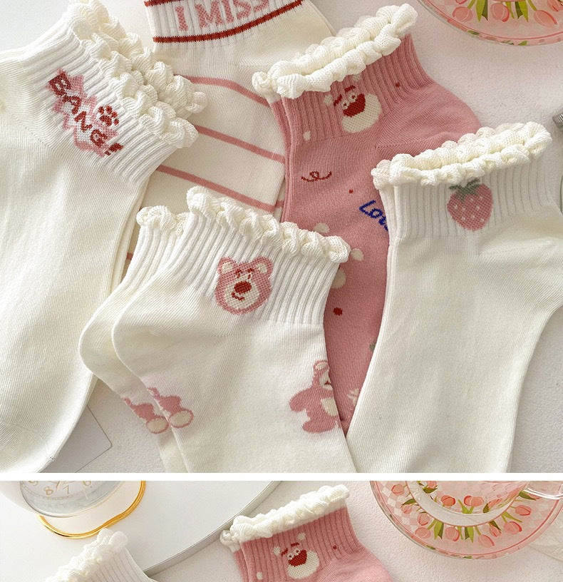 Cute Ruffled Ankle Socks for Women | Pink Strawberry Bear Cotton Socks