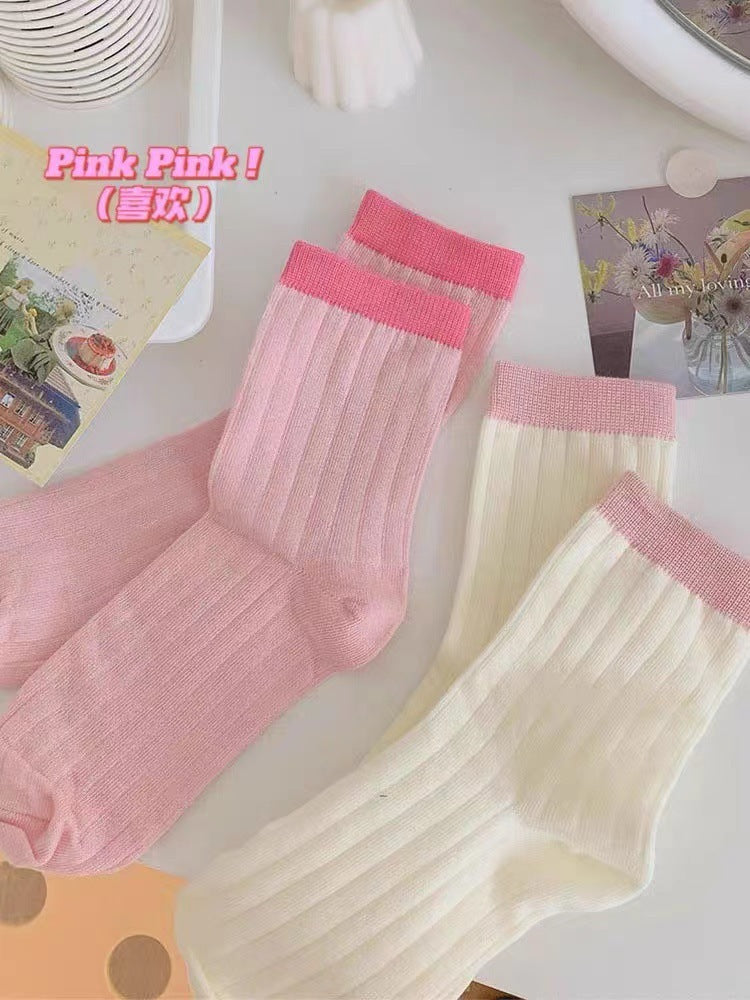 Contrast Cuff Crew Socks for Women | Lightweight Striped Cotton Socks