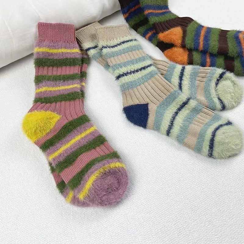 Women's Cozy Fuzzy Striped Crew Socks | Warm Winter Lounge Socks