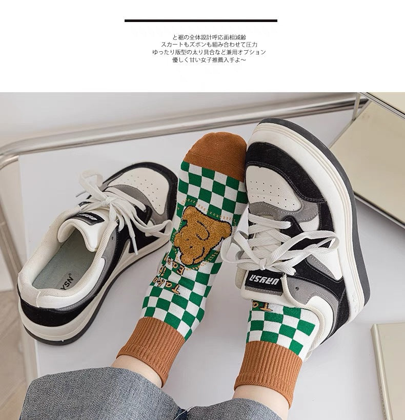 Cute Cotton Novelty Crew Socks | Checkered Bear Women's Socks