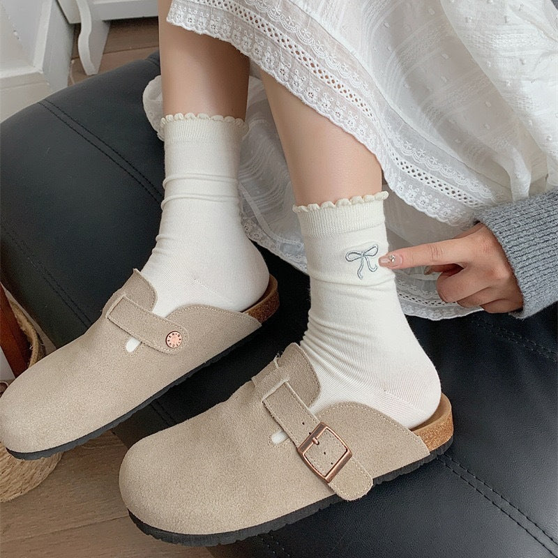 Embroidered Bow Cotton Crew Socks | Ruffle Trim Ballet Style for Women