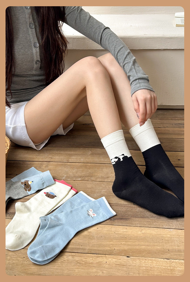 Cute Cartoon Cotton Crew Socks | Seamless Women's Mid Calf Socks