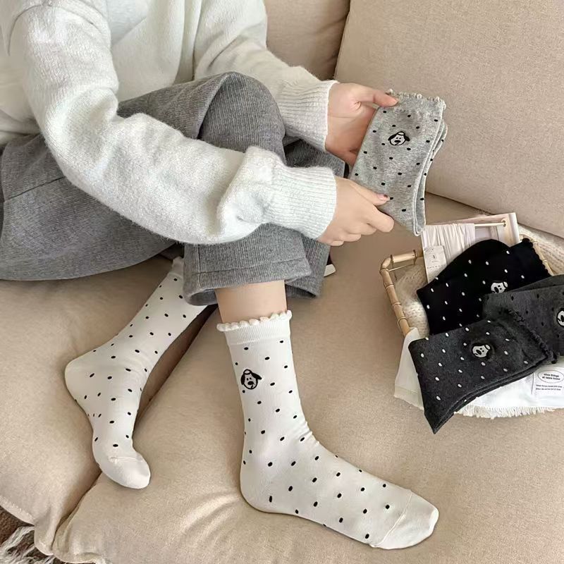 Cute Embroidered Dog Polka Dot Crew Socks for Women