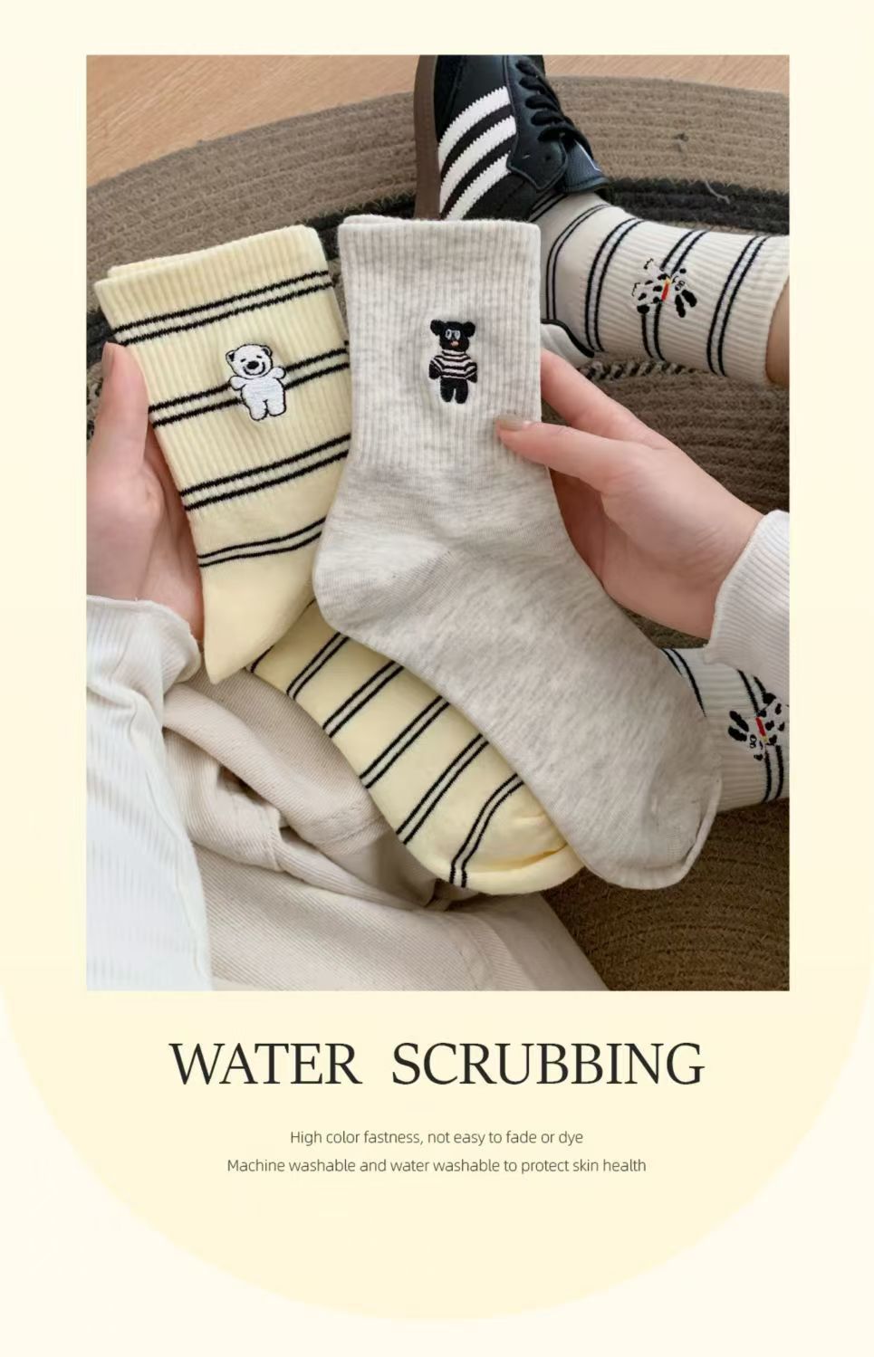 Cute Embroidered Striped Crew Socks for Women