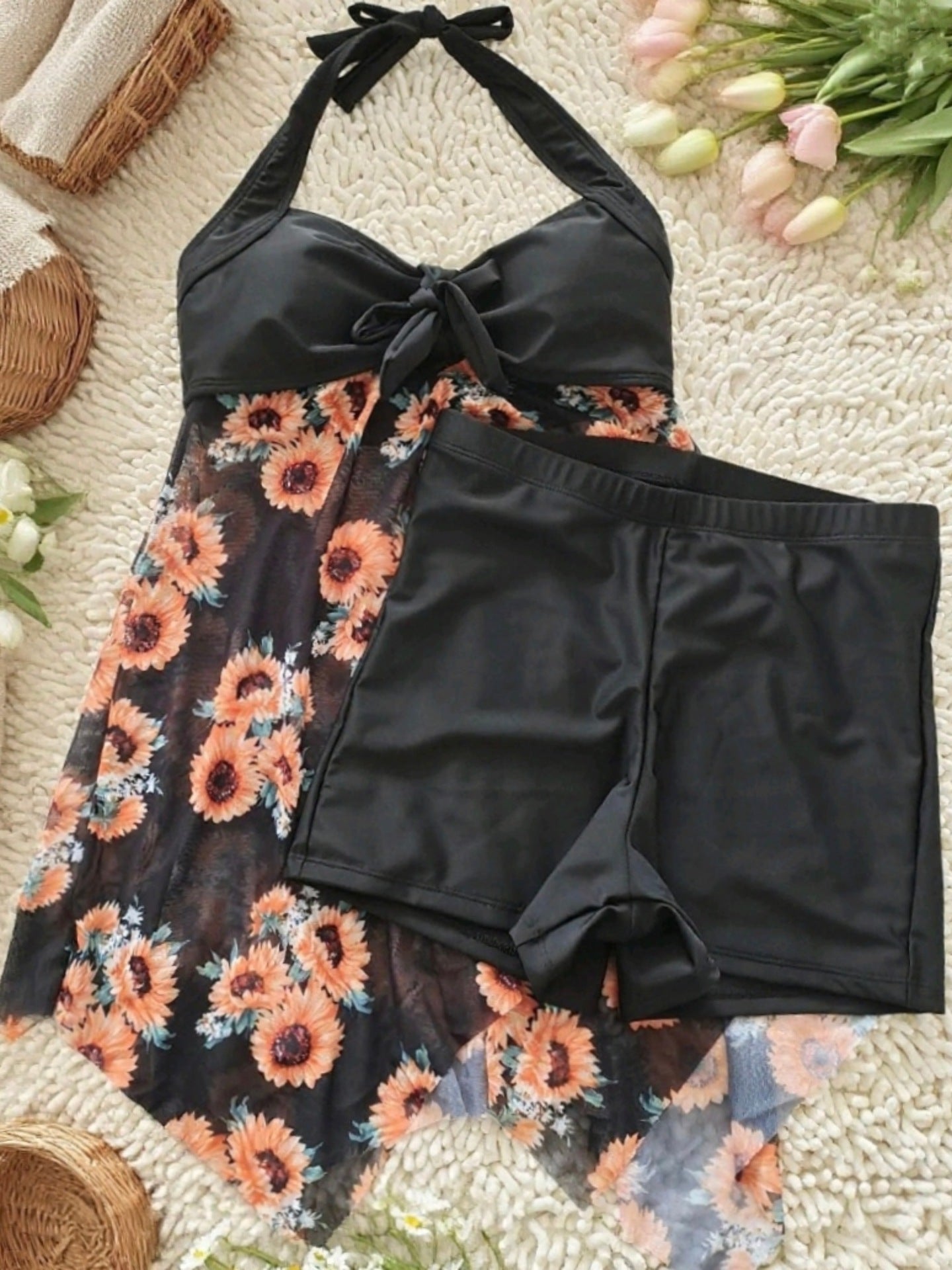 Halter Sunflower Skirted Two-Piece | Women's Beach Swimwear