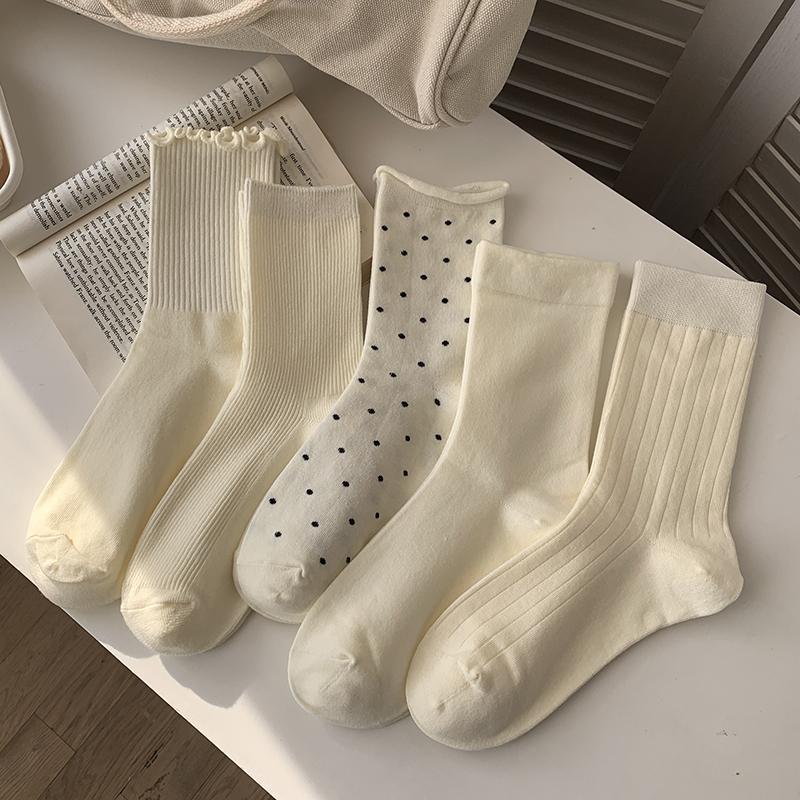 Cream Crew Socks for Women | Cotton Mid-Calf Casual Socks