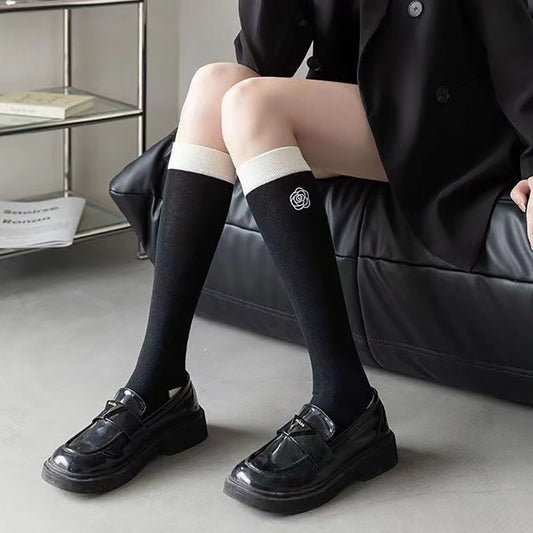 Embroidered Camellia Knee High Socks for Women | Chic JK Style