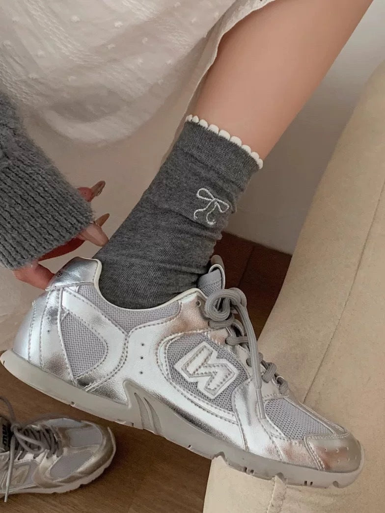 Embroidered Bow Cotton Crew Socks | Ruffle Trim Ballet Style for Women