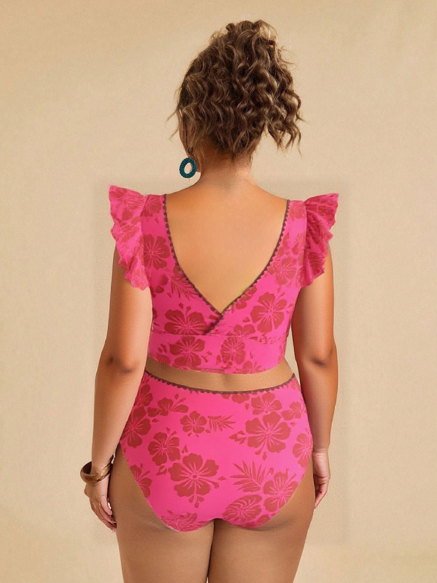 Bright Pink Floral Ruffle V-Ne Plus Size Bikini Set
