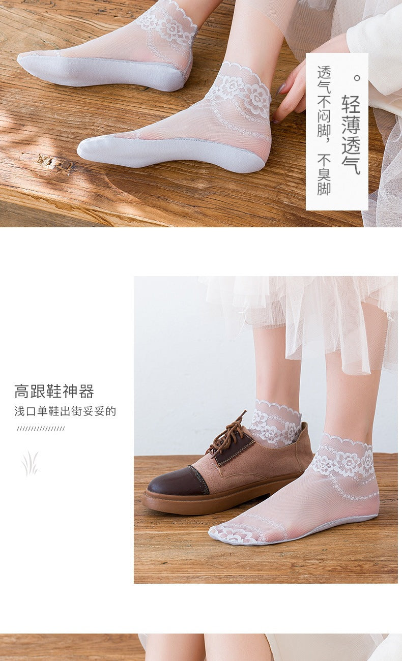 Lace Trim Ankle Socks for Women | Cotton Sole Sheer Mesh Socks