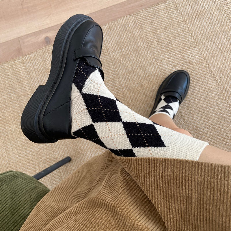 Vintage Argyle Crew Socks for Women | Retro Patterned Mid-Calf Socks
