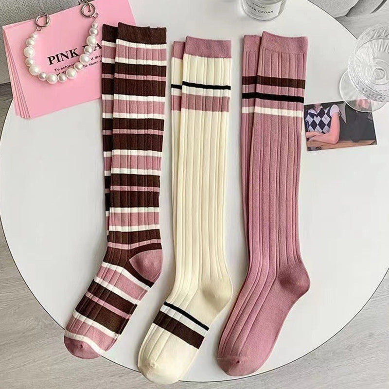Pink Striped Knee High Socks | Women's Preppy Patterned Calf Socks