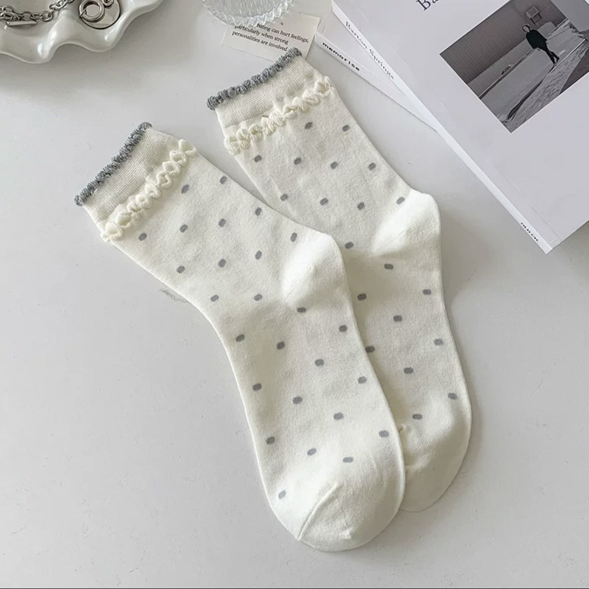 Polka Dot Cotton Crew Socks for Women | Ruffled Lace Trim