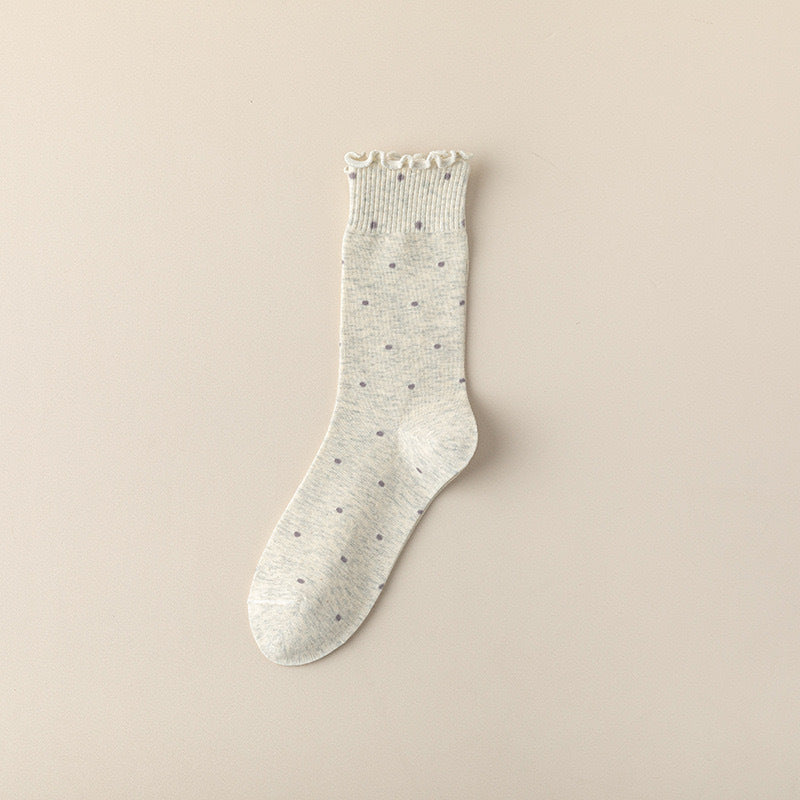 Ruffled Polka Dot Cotton Crew Socks for Women