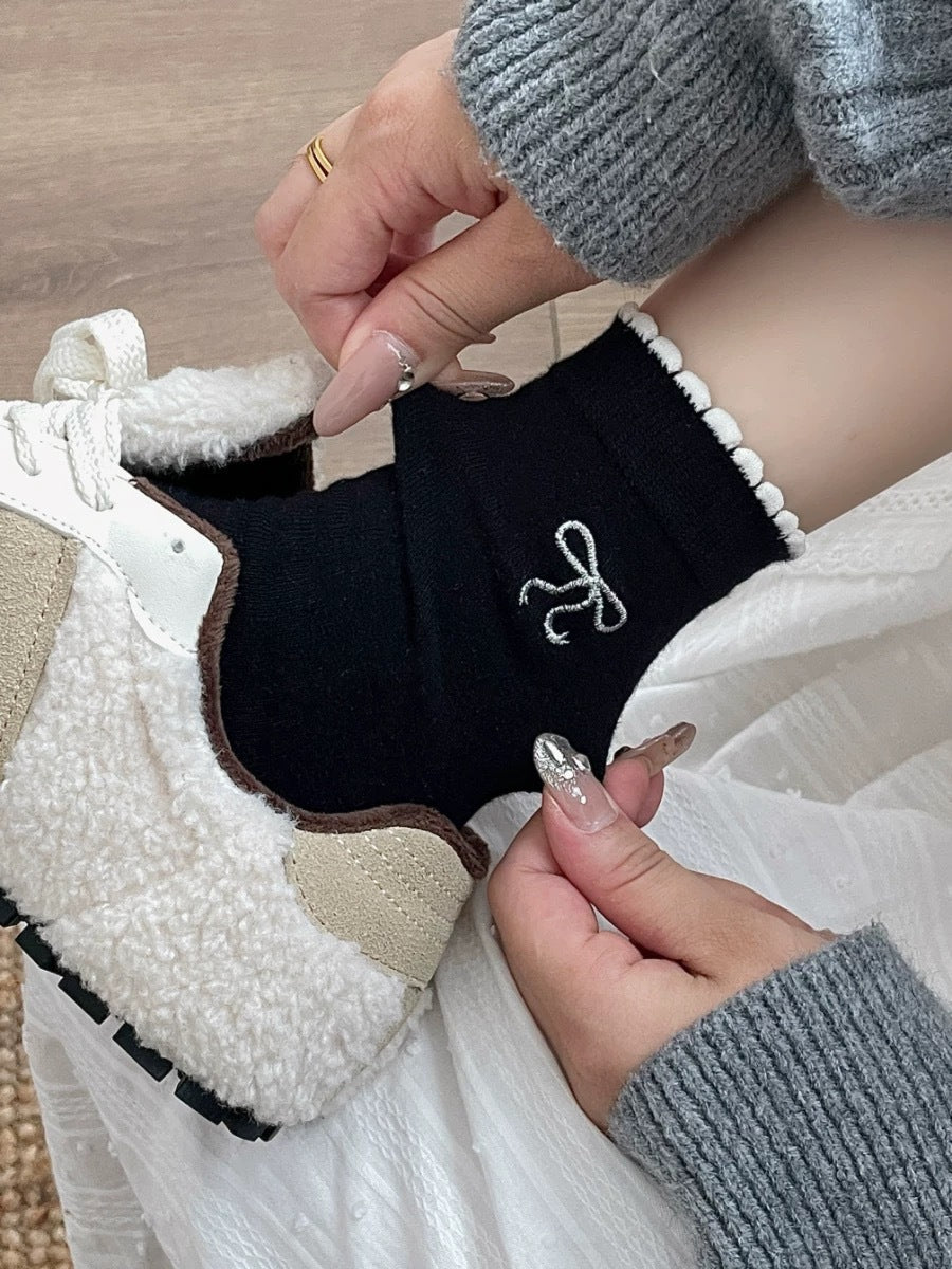 Embroidered Bow Cotton Crew Socks | Ruffle Trim Ballet Style for Women