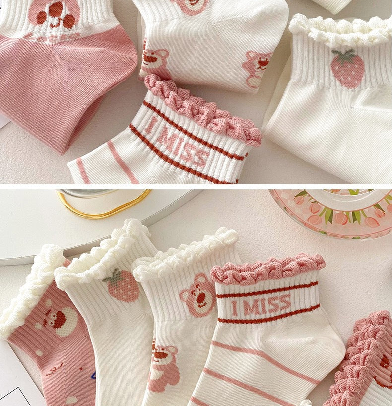 Cute Ruffled Ankle Socks for Women | Pink Strawberry Bear Cotton Socks