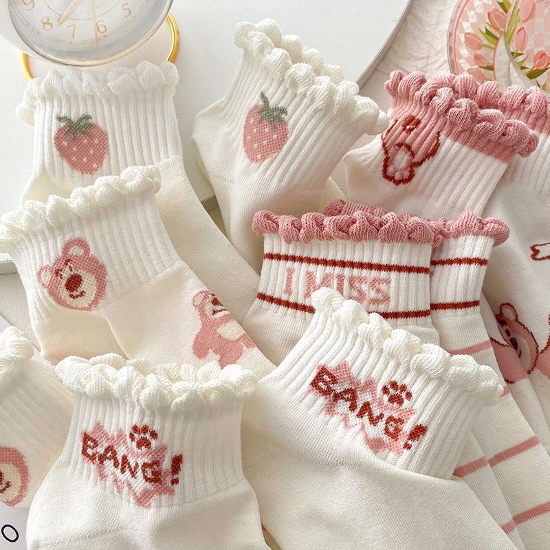 Cute Ruffled Ankle Socks for Women | Pink Strawberry Bear Cotton Socks