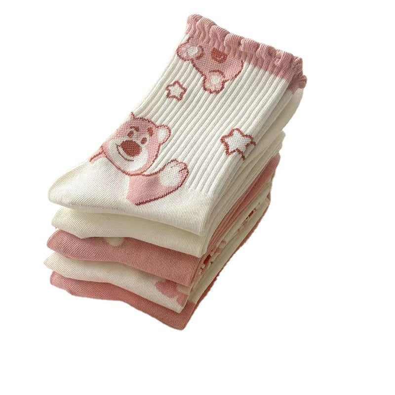 Cute Novelty Crew Socks for Women | Pink Cartoon Cotton Socks
