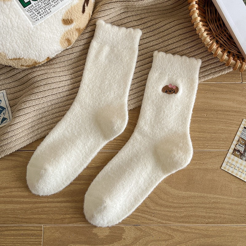 Fuzzy Warm Cozy Crew Socks | Cute Embroidered Winter Lounge Socks