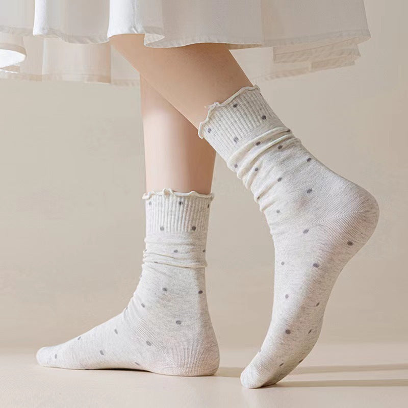 Ruffled Polka Dot Cotton Crew Socks for Women