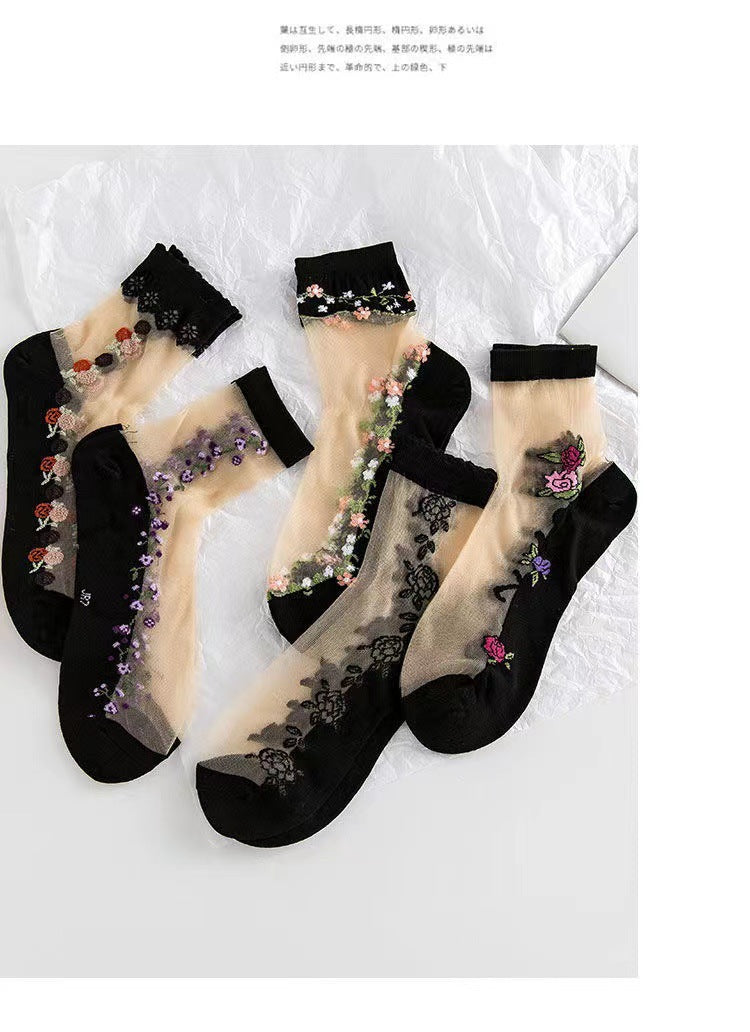 Floral Sheer Crew Socks for Women | Breathable Cotton Sole Summer Socks