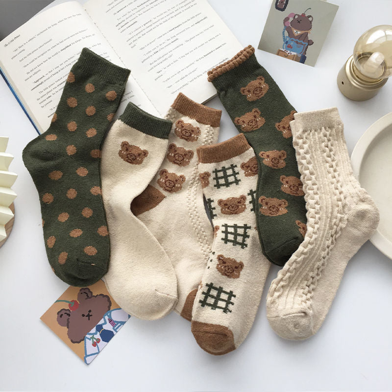 Vintage Bear Cotton Crew Socks | Cozy Winter Women's Socks