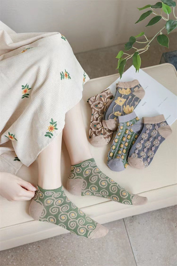 Vintage Floral Ankle Socks | Breathable Cotton Socks for Women