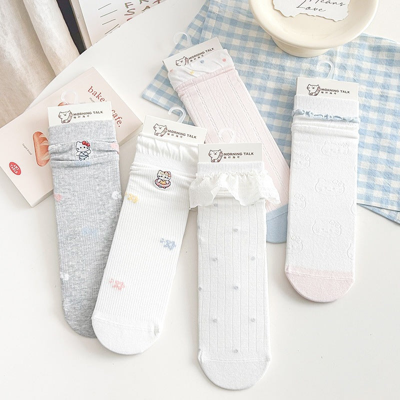 Cute Embroidered Cat Cotton Crew Socks for Women