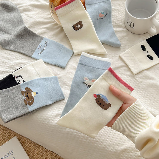 Cute Cartoon Cotton Crew Socks | Seamless Women's Mid Calf Socks