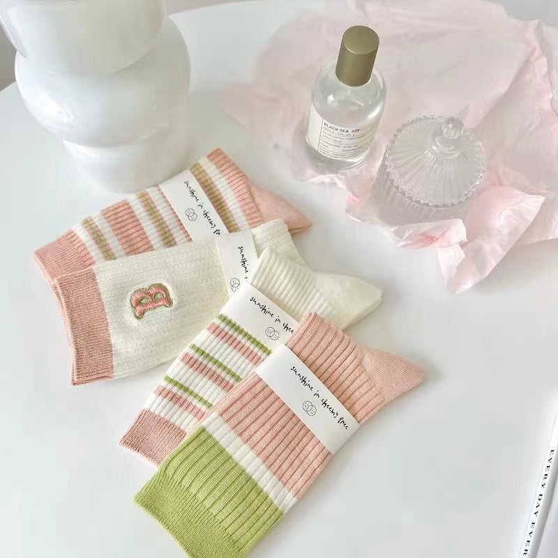 Cotton Crew Socks for Women | Preppy Pastel Embroidered Mid Calf