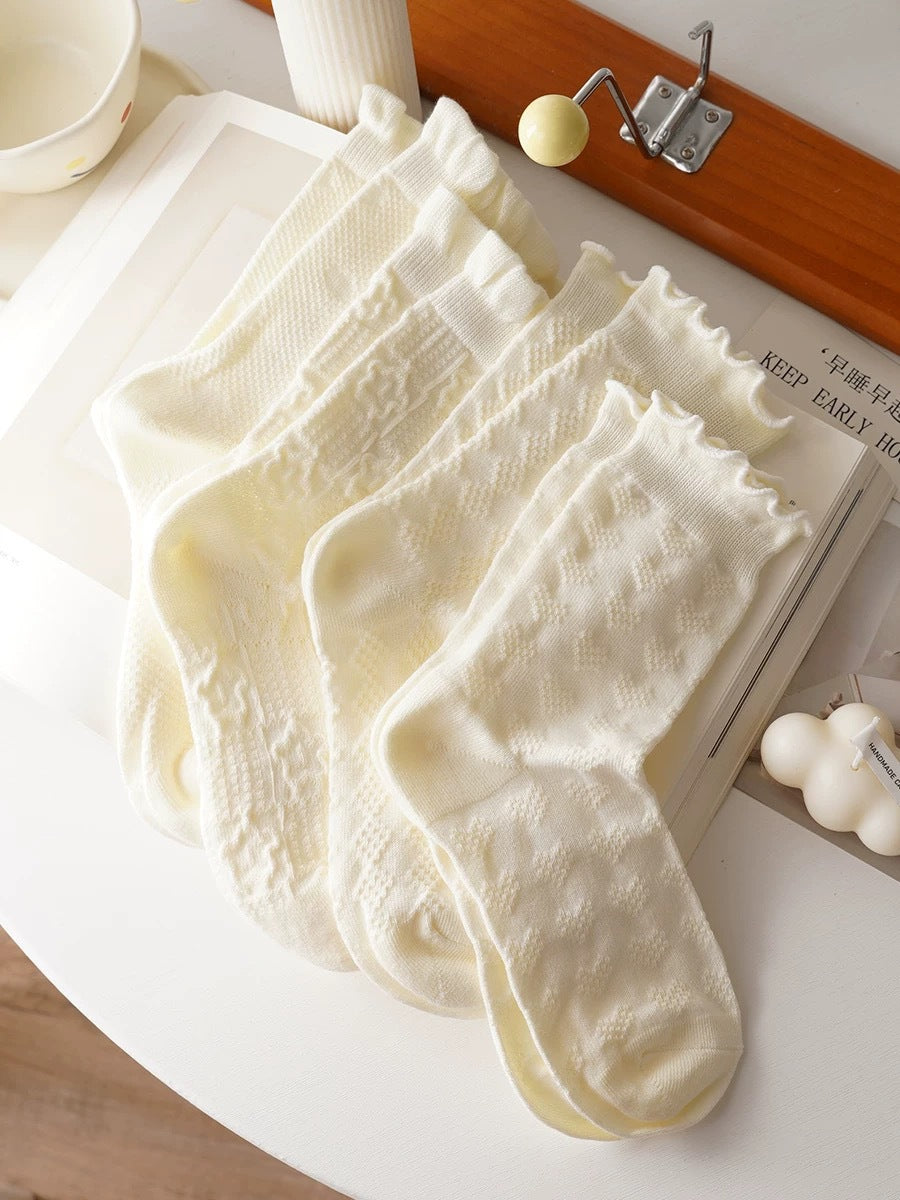 Cream Cotton Crew Socks for Women | Breathable Patterned Socks