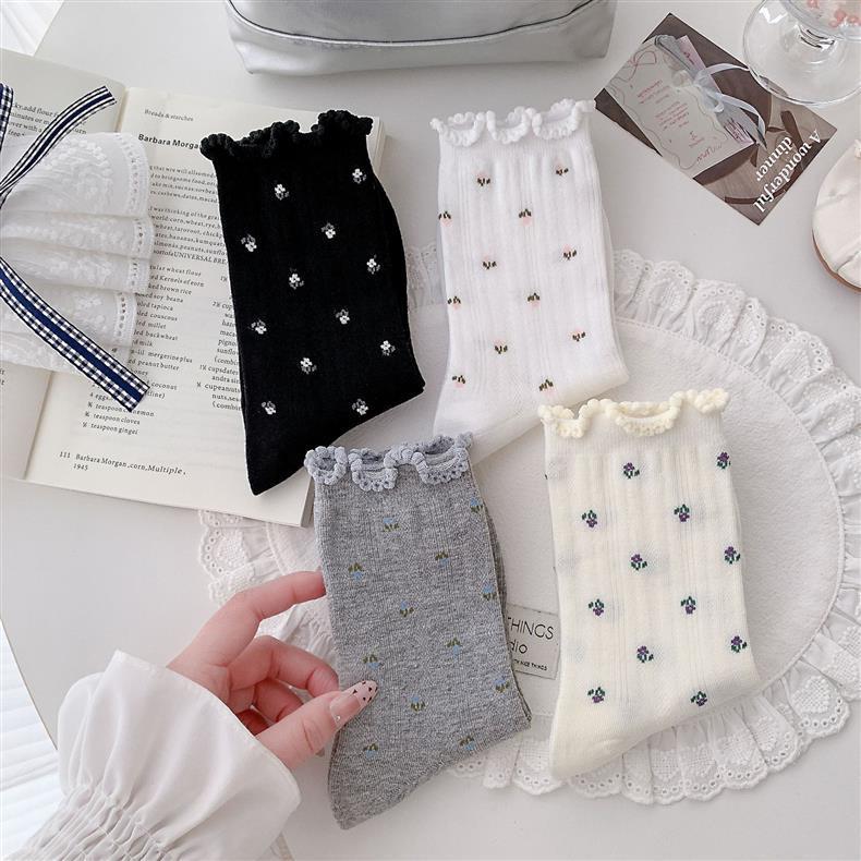 Floral Ruffle Crew Socks for Women | Thin Breathable Spring Socks