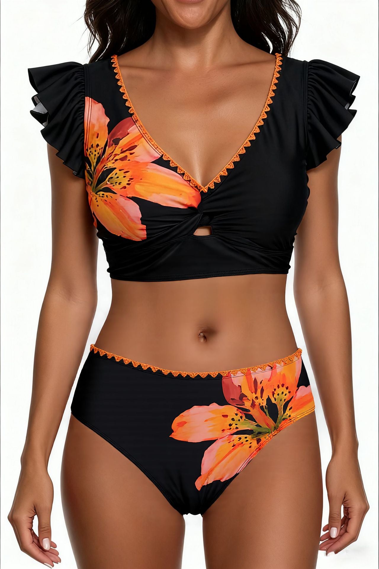 Ruffled Floral High-Waist Bikini Set | Women's Black Swimwear
