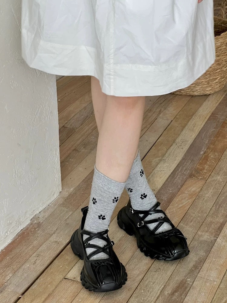 Playful Cat Paw Cotton Crew Socks for Women | Casual Patterned